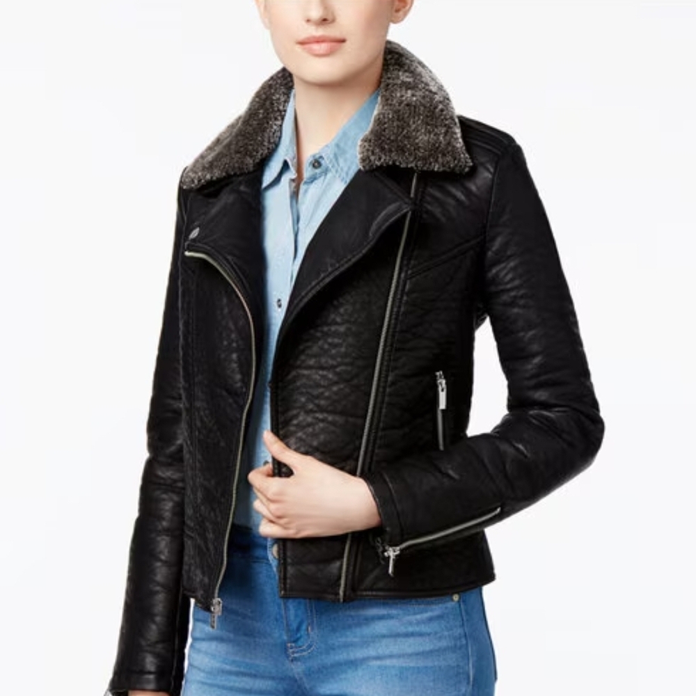 French Connection Black Leather Jacket with Gray Faux Fur